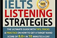 the book cover for ielts listening strategies, with an image of a man in