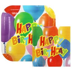 two plates with balloons and the words happy birthday written on them in yellow, green, purple, orange and red