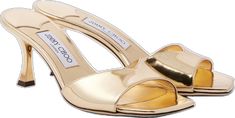 Luxury Gold Slip-on Heels, Elegant Formal Slides With Square Toe, Chic Square Toe Formal Slides, Chic Formal Calf Leather Slides, Designer Patent Leather Mules With Padded Heel, Elegant Gold Slides For Spring, Elegant Gold Open Toe Slides, Luxury Mules With Padded Open Heel, Chic Gold Open Toe Slides