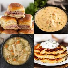 four different pictures with soups and sandwiches on them