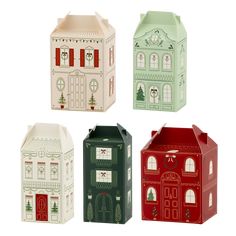 four paper houses are shown in different colors and designs, one is green, the other is red