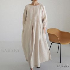 Lasaky - Loose-fit Cotton and Linen Round-neck Sweater Dress in Solid Color with Knee-length Hem and Flared Skirt Cotton Linen Dresses, Oversize Women, Linen Maxi Dress, Japanese Cotton, Long Sleeve Midi, Women Long Dresses, Long Sleeve Midi Dress, Pocket Dress, Summer Cotton