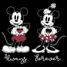 two mickey and minnie mouses with the words disney forever written in white on a black background