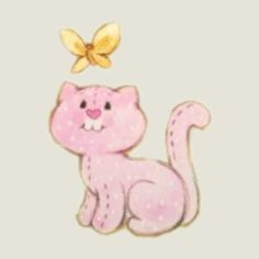 a pink cat with a yellow butterfly on top of it's head and tail