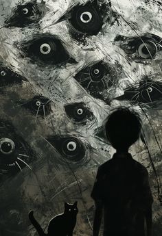 a boy standing in front of a painting with eyes on it