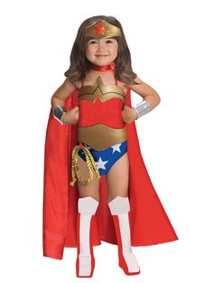 Wonder Woman is an iconic hero for females everywhere! She fights off the enemies with her Lasso of Truth, and shows the world with pride that female superheroes are just as powerful as the men. This Halloween, dress your daughter as this awesome hero when you buy the Justice League DC Comics Wonder Woman Child Costume. This get-up comes with a red, white, and blue leotard, a red cape, a golden belt and lasso, a gold headband with a red star, silver bracelets, and red and white tops. Nobody can Wonder Woman Accessories, Wonder Woman Halloween Costume, Wonder Woman Dress, Dc Comic Costumes, Dc Comics Girls, Justice League Wonder Woman, Woman Costume, Wonder Woman Costume, Toddler Halloween Costumes