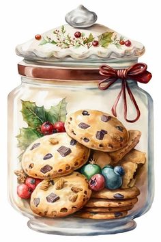 a painting of cookies in a glass jar