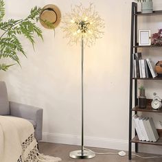 a living room with a chair, lamp and bookshelf on the wall next to it