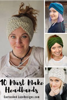 there are four pictures of women wearing headbands and one has the words 10 must make headbands written on it