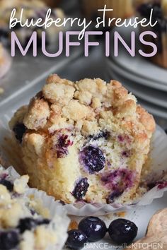 Close-up of a blueberry streusel muffin with a bite out of it Blueberry Crumb Muffins, Sour Cream Blueberry Muffins, Blueberry Cream Cheese Muffins, Blueberry Streusel Muffins, Blueberry Streusel, Buttermilk Muffins, Peach Muffins, French Toast Muffins