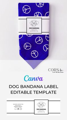 a blue tie with white circles on it and the words canva dog bandana label