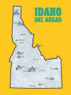 the idaho ski areas map with mountains and lakes in blue on yellow background poster by design pics