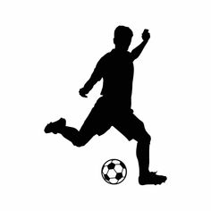 a man kicking a soccer ball on top of a white field in front of a black and white background