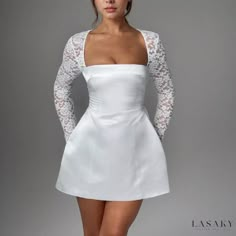 Lasaky - Sensual Summer Long-Sleeve Dress with Low Neckline and High Waist Sweet 16 Paris Theme, Short Dress Ideas, Court House Wedding Dress, Lowkey Wedding, Simple Classy Wedding Dress, Simple Classy Wedding, Bride Party Dress, Delicate Wedding Dress, Reception Wedding Dress