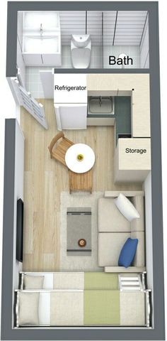 an overhead view of a bathroom and living room in a tiny apartment with floor plans