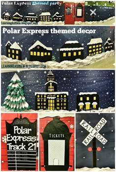 an advertisement for polar express themed decor in the snow with houses and trees on it