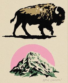 an animal that is standing in front of a mountain and the other one has a pink circle