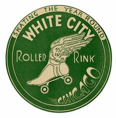 a green and white sign for roller rink chicago, with the name skating the year round