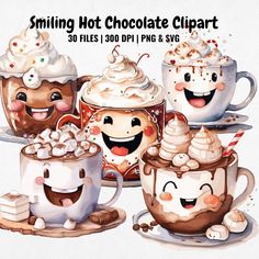 three coffee mugs filled with whipped cream and smiling faces, surrounded by marshmallows