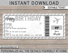 an airplane ticket is shown with the words happy birthday and it's name on it