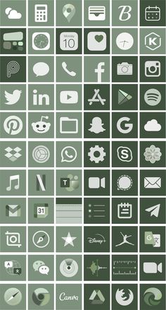 an image of many different types of logos and symbols on a green background with white letters