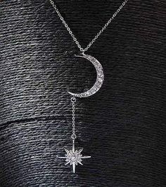 New Moon  and Star Asymmetrical Necklace with Rhinestones - eye-catching - Celestial Metal Type:  Zinc Alloy Moon with Star approximately 3" long #celestial #moon #star #celestialnecklace #Newmoonnecklace #moonnecklace #Celestialjewelry Celestial Jewelry Aesthetic, Moon And Star Necklace, Asymmetrical Necklace, Star And Moon Necklace, Mountain Jewelry, Star And Moon, Celestial Necklace, Magical Jewelry, Pearl Jewelry Necklace