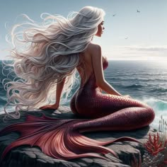 a painting of a mermaid sitting on top of a rock next to the ocean with her hair blowing in the wind