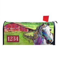 a mailbox with a painting of a horse on it's front and side