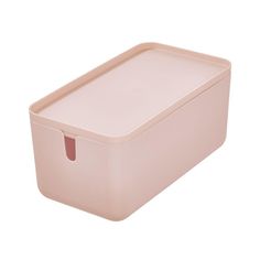 a pink plastic storage box on a white background