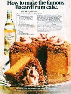 an advertisement for bacardi cake with a slice cut out