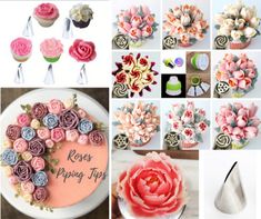 there are many different flowers and decorations on this page, including cupcakes, roses, piping tips, and more