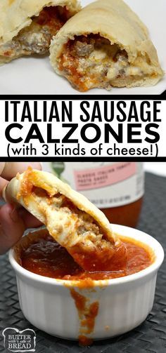 this is an image of italian sausage calzonees with 3 kinds of cheeses