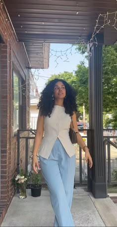 Casual Outing Outfits Classy, How To Style Slacks Women, Colourful Corporate Outfits, Blue Corporate Outfit, Summer Workwear Women, Blue Business Casual Outfits, Simple Engagement Outfits, Vest And Pants Outfit, Elegant Ootd