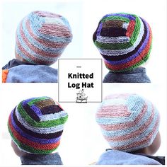 the knitted hat is multicolored and has different stripes on it, as well as