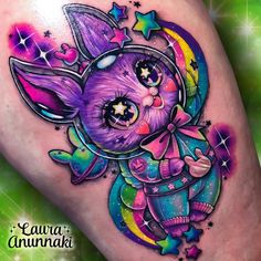 Dark Kawaii Tattoo, Colourful Tattoo, Girly Alien Tattoo, Kawaii Back Tattoo, Kawaii Space Tattoo, Colorful Kawaii Tattoo, Artemis Tattoo, Baby Angel Tattoo