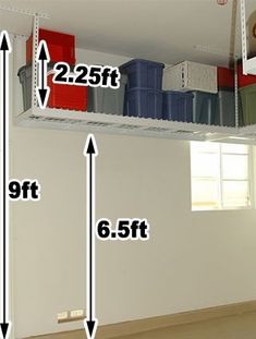 the shelves are labeled with numbers and measurements for each shelf in this garage storage area