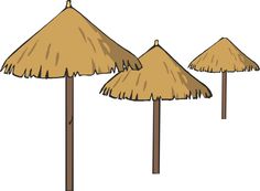 an image of thatched huts with poles in the front and behind them on a black background