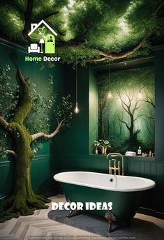 the bathroom is decorated in green and has a tree painted on the wall above the bathtub