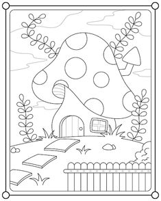 a mushroom house in the middle of a field with trees and bushes around it, coloring page