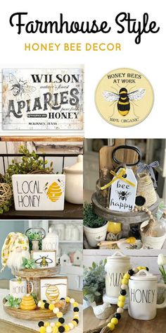 the farmhouse style honey bee decor is displayed on a table