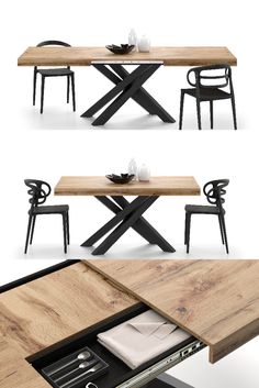 Extendable table Emma with crossed legs Minimalist Dining Room, Extendable Table, Kitchen Design Modern White, Kitchen Room Design, The Dining Room, Dining Room Design, Design Case, Living Room Inspiration, Modern Kitchen Design