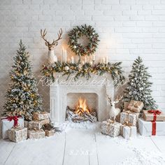 a fireplace decorated with christmas trees and presents