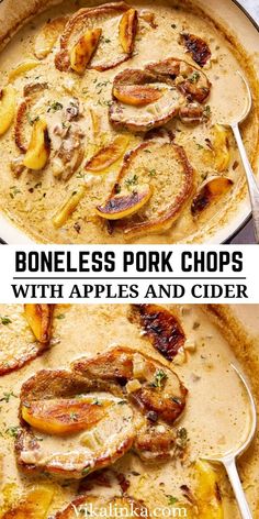 two images showing different types of pork chops with apples and cider gravy