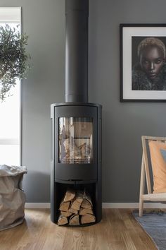 a wood burning stove in a living room