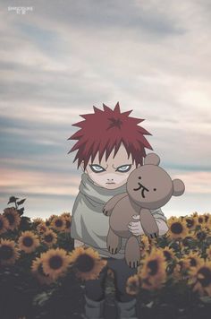 an anime character holding a teddy bear in a field of sunflowers with the sky and clouds behind him