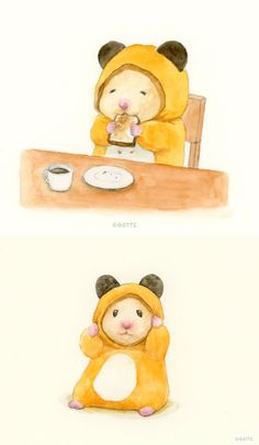 two drawings of animals eating at a table