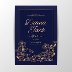 an elegant wedding card with gold flowers and leaves on the front, in navy blue