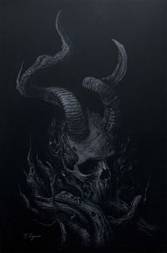 a drawing of a skull with horns on it