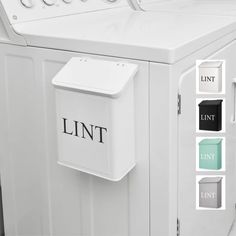 an image of a white laundry machine with the word lint on it's door