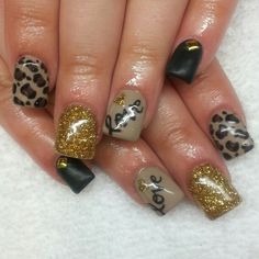 Instagram: @boop711 Acrylic nails with nude and matte black gold glitter cheetahs print studs love Valentine's day nails Black Nails With Cheetah Print, Nails With Cheetah Print, Cheetah Nail Designs, Pedi Ideas, Matte Black Nails, Cheetah Nails, Different Nail Designs, Lovely Nails